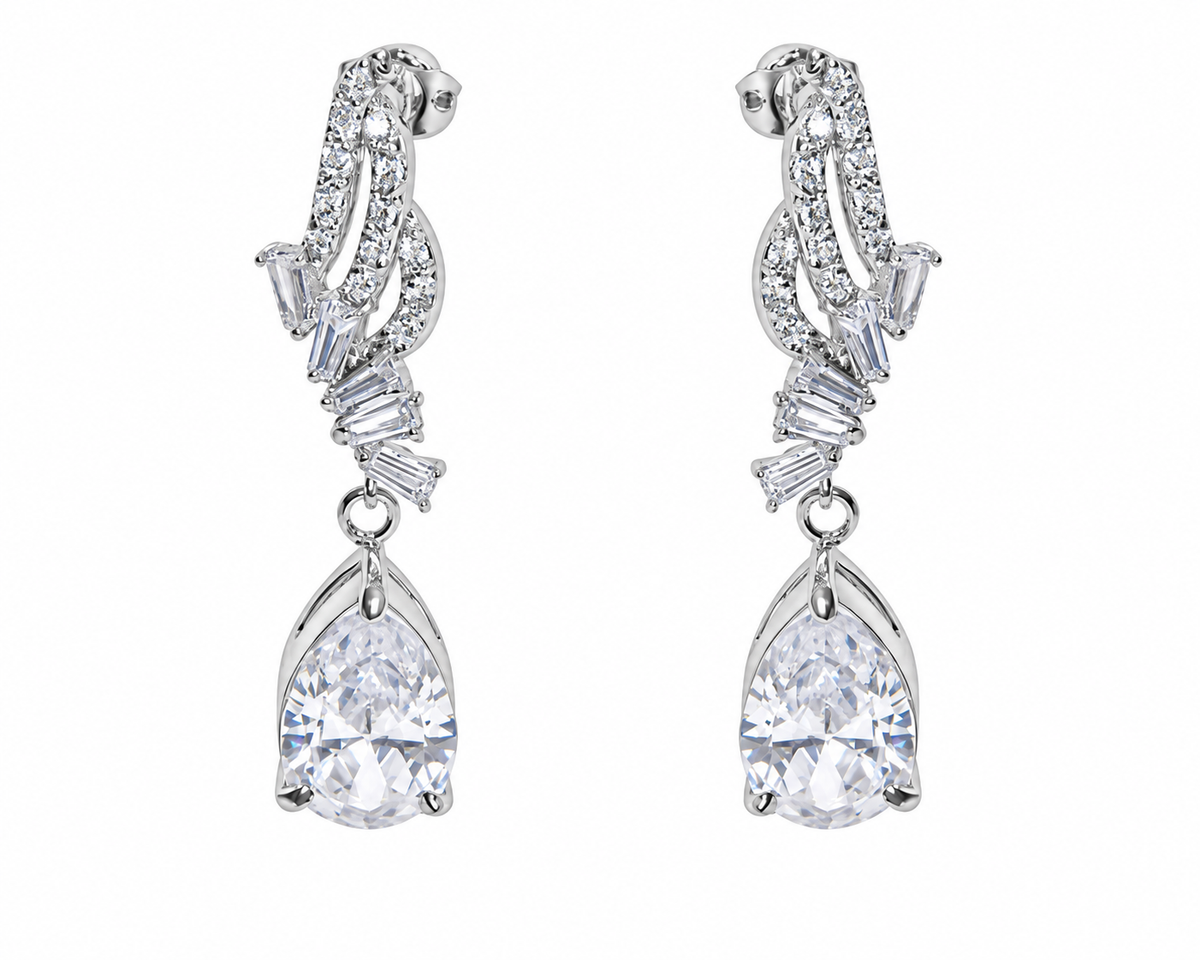 Beaumont silver pear drop earrings on white