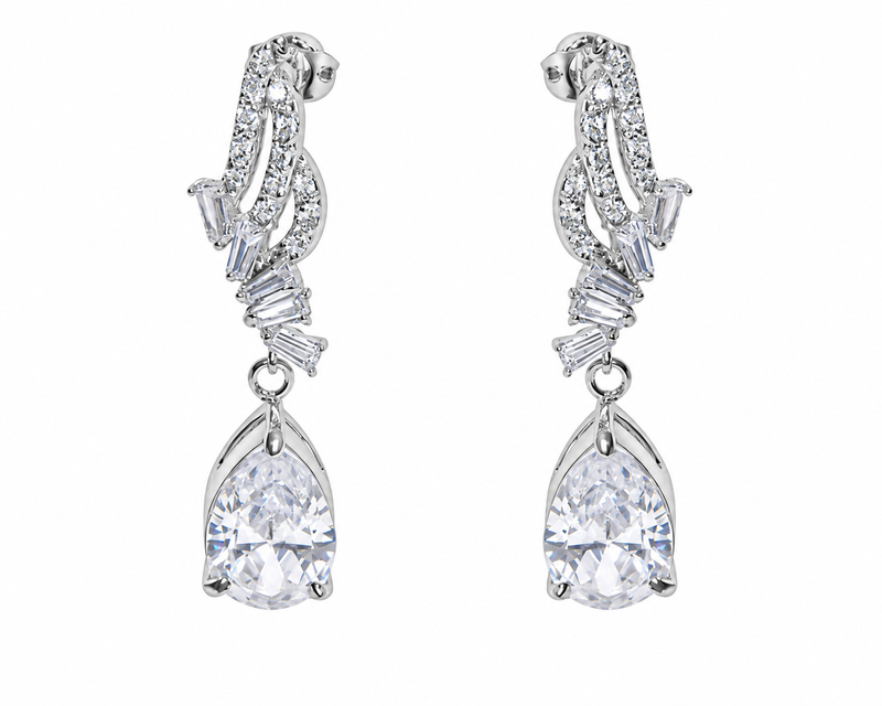 Beaumont silver pear drop earrings on white