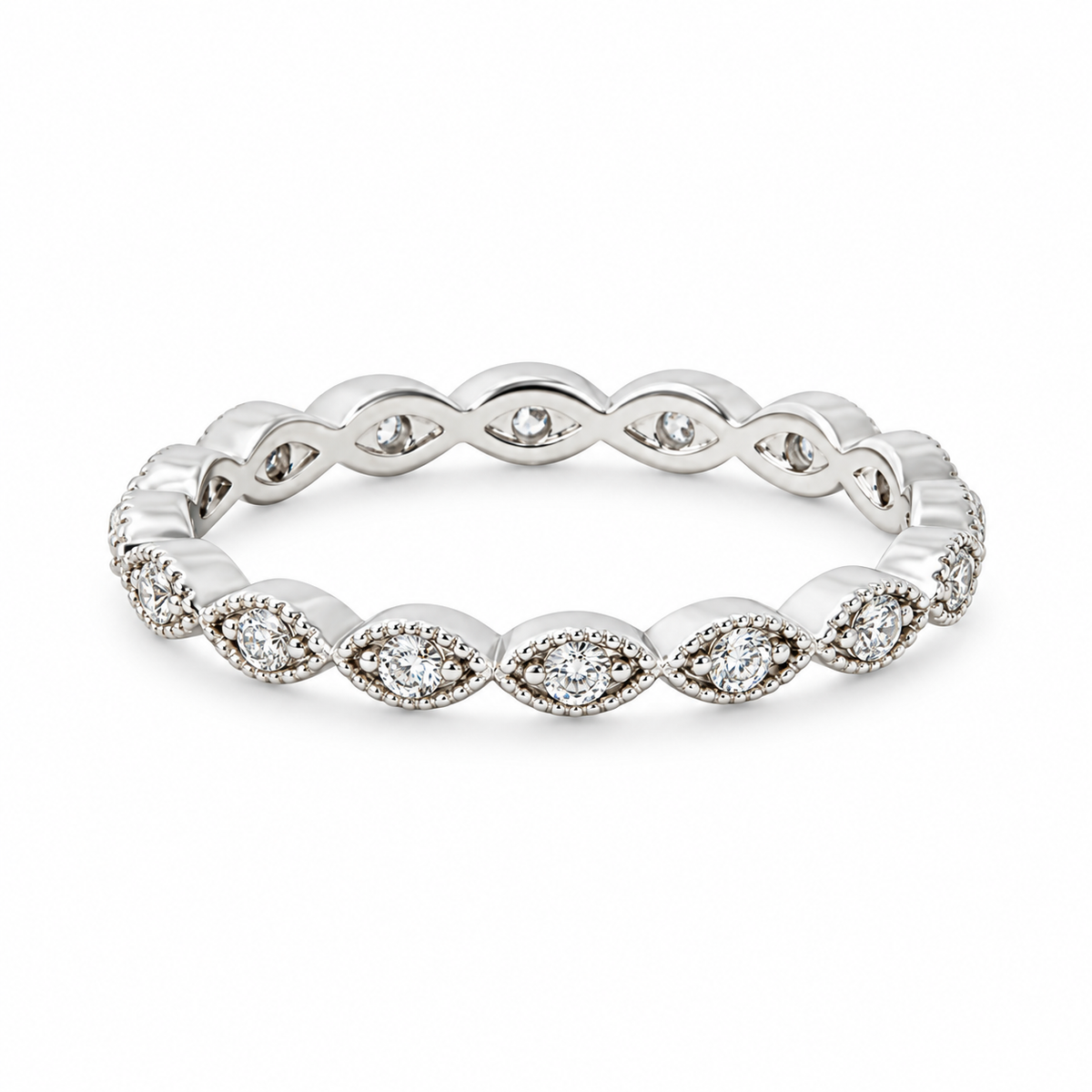Bryn rhodium plated ring with beaded almond shaped settings and round clear stones