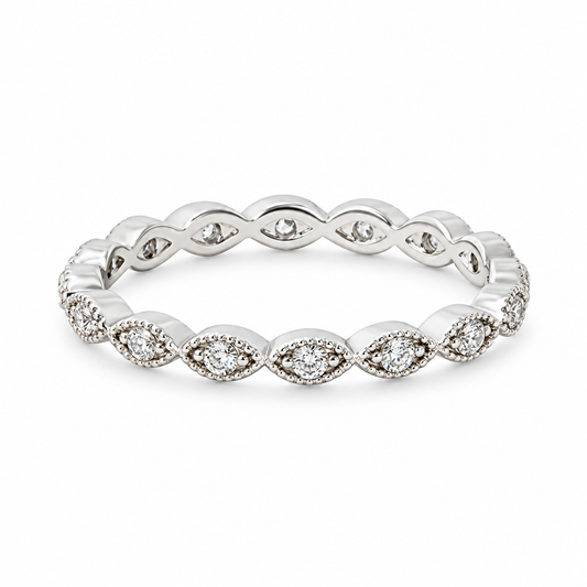 Bryn rhodium plated ring with beaded almond shaped settings and round clear stones