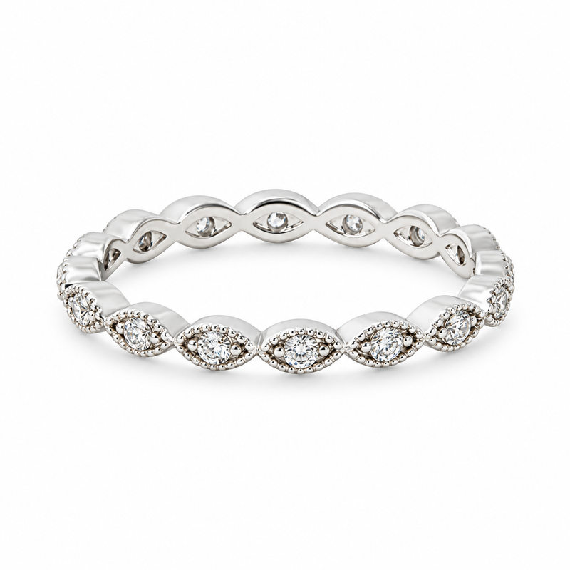 Bryn rhodium plated ring with beaded almond shaped settings and round clear stones