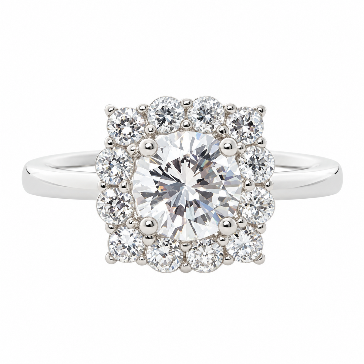 Crest sterling silver ring with round centre stone and cushion shaped halo, front view