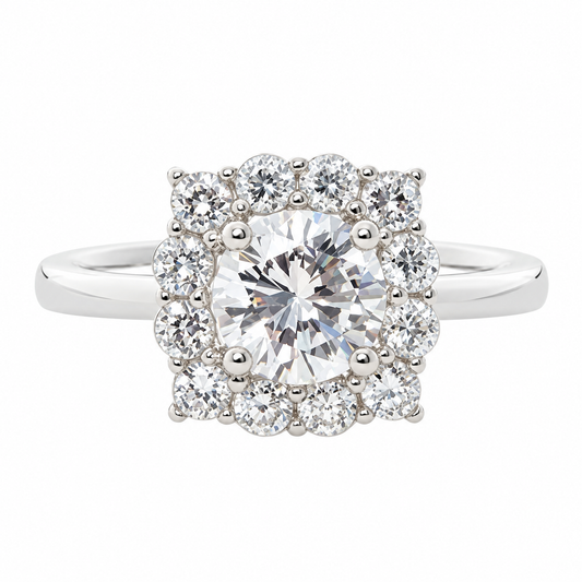 Crest sterling silver ring with round centre stone and cushion shaped halo, front view
