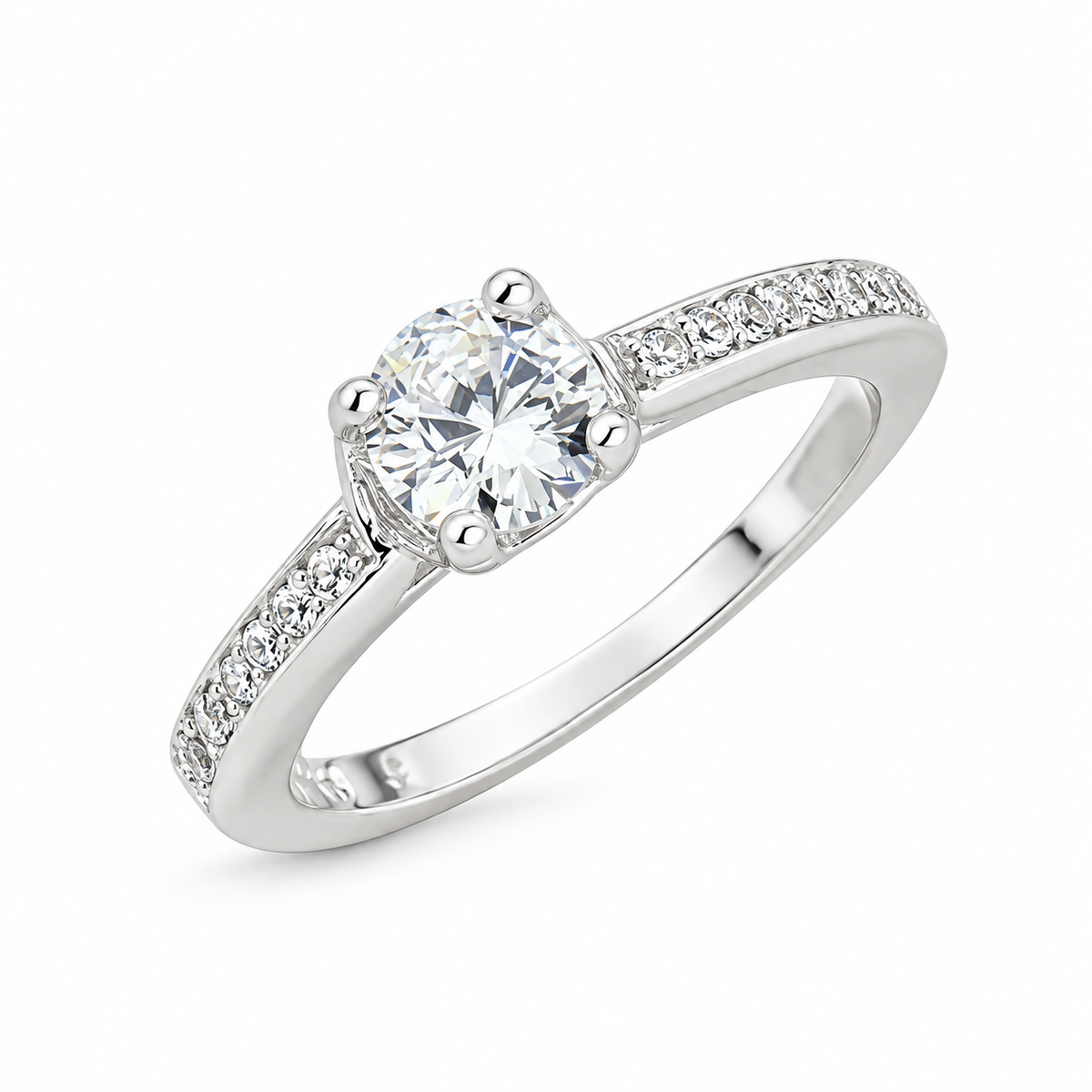 Emma sterling silver solitaire ring with stone set shoulders, diagonal view