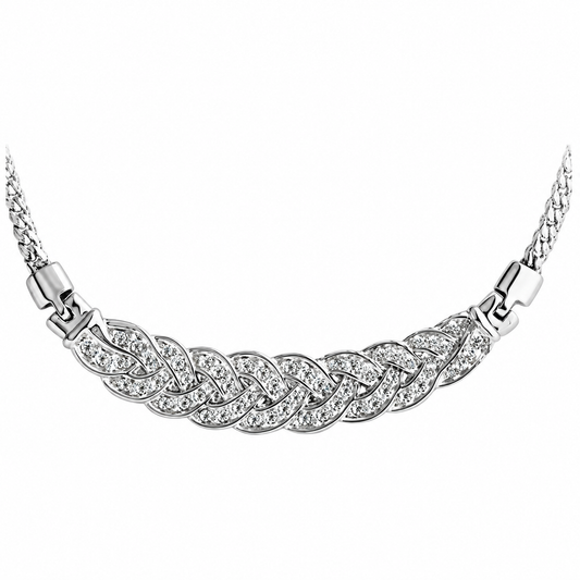 Ivy rhodium plated necklace with interwoven silver plaited detail and clear cubic zirconia against a white background.