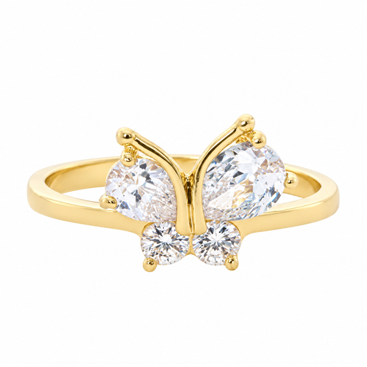 Leigh gold butterfly ring with two pear-shaped and two round clear cubic zirconia stones on a white background.