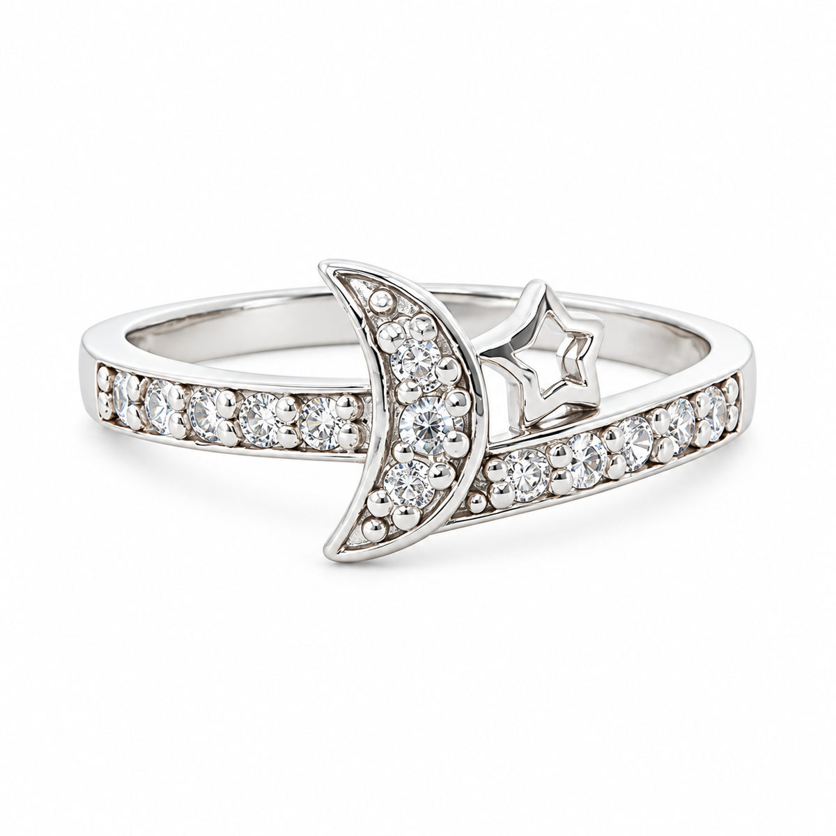 Luna sterling silver crescent moon and open star ring, front view