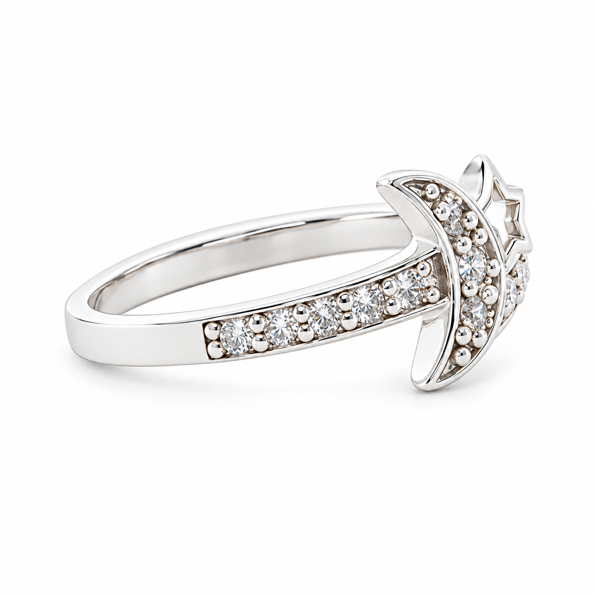Luna sterling silver crescent moon and star ring, side view