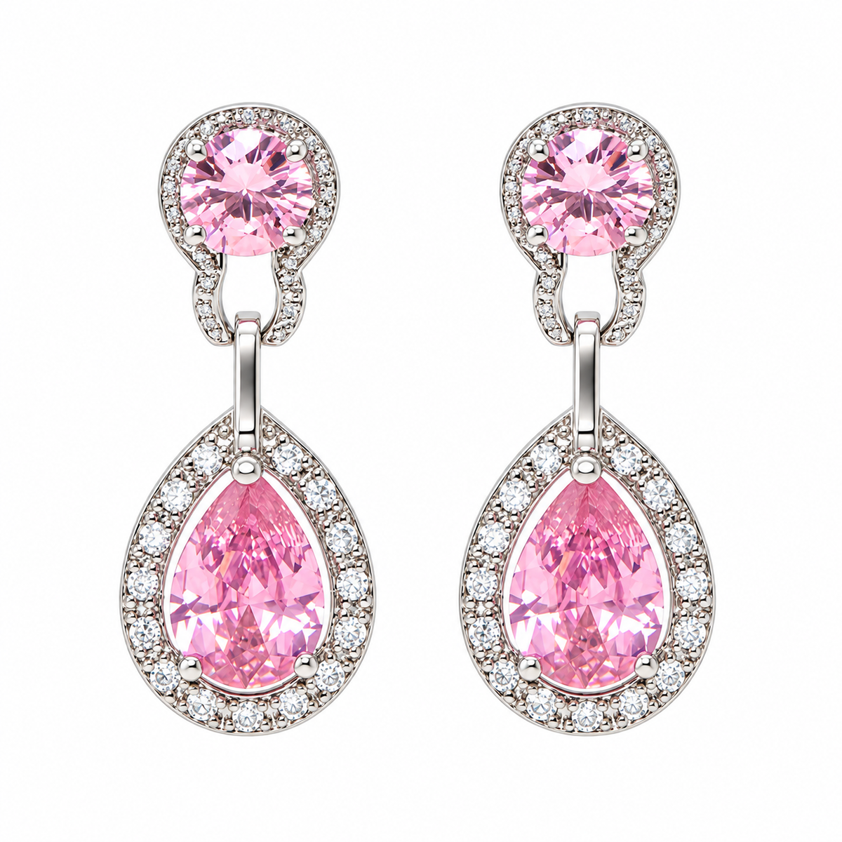 Naiya silver and pink round and pear halo drop earrings on white