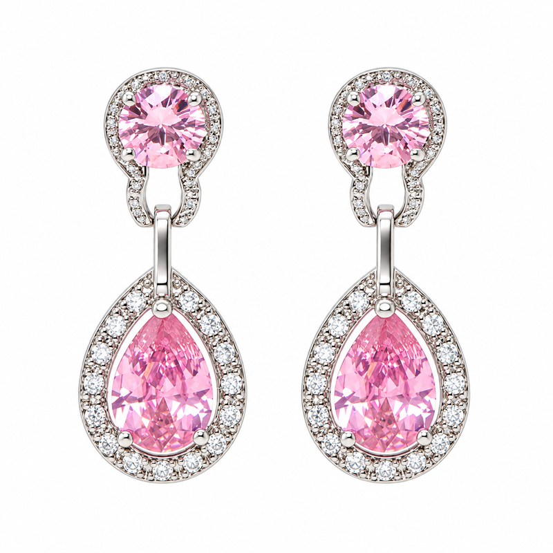 Naiya silver and pink round and pear halo drop earrings on white