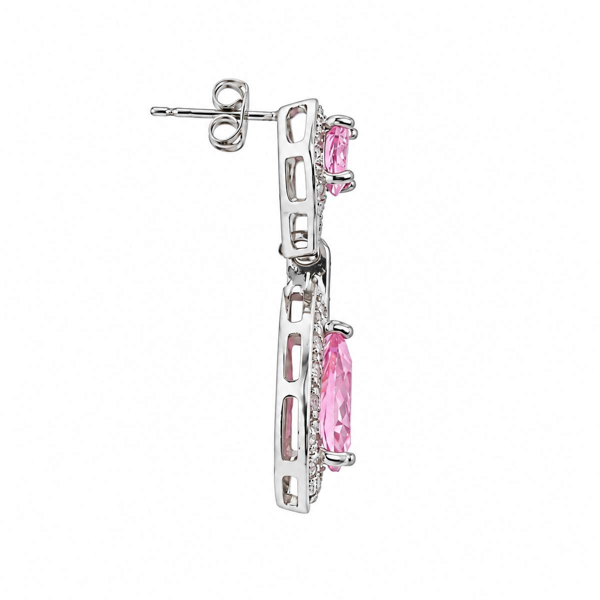 Naiya silver and pink drop earring side profile and butterfly backing on white
