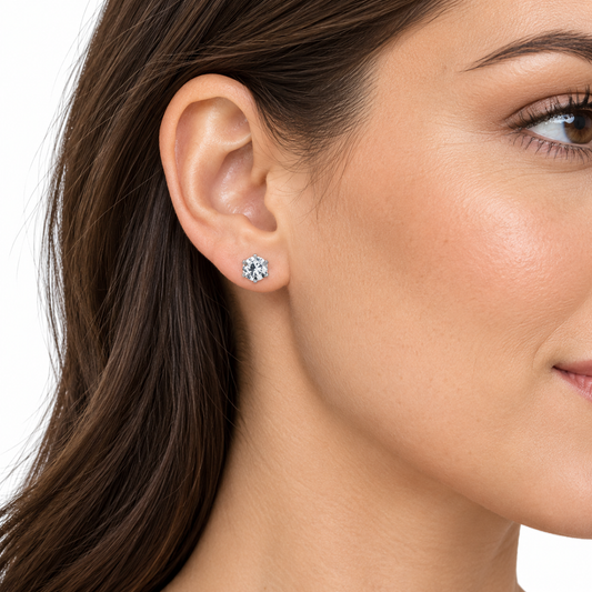 Model wearing Nyla stainless steel solitaire stud earrings