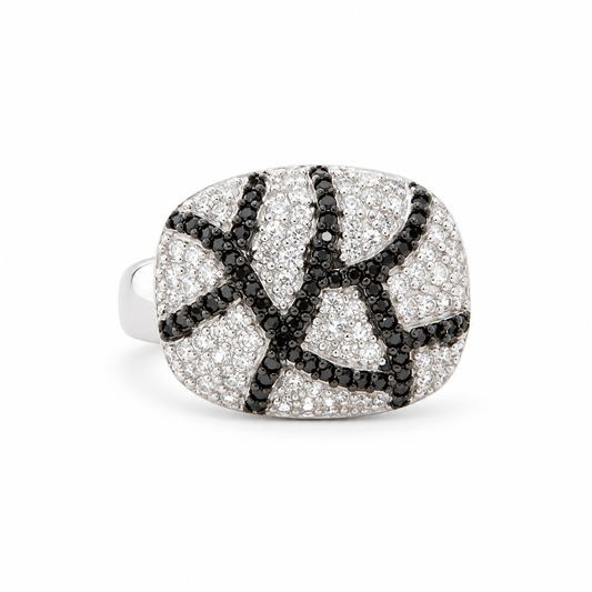 Resili sterling silver black and clear cubic zirconia crackle ring, front view