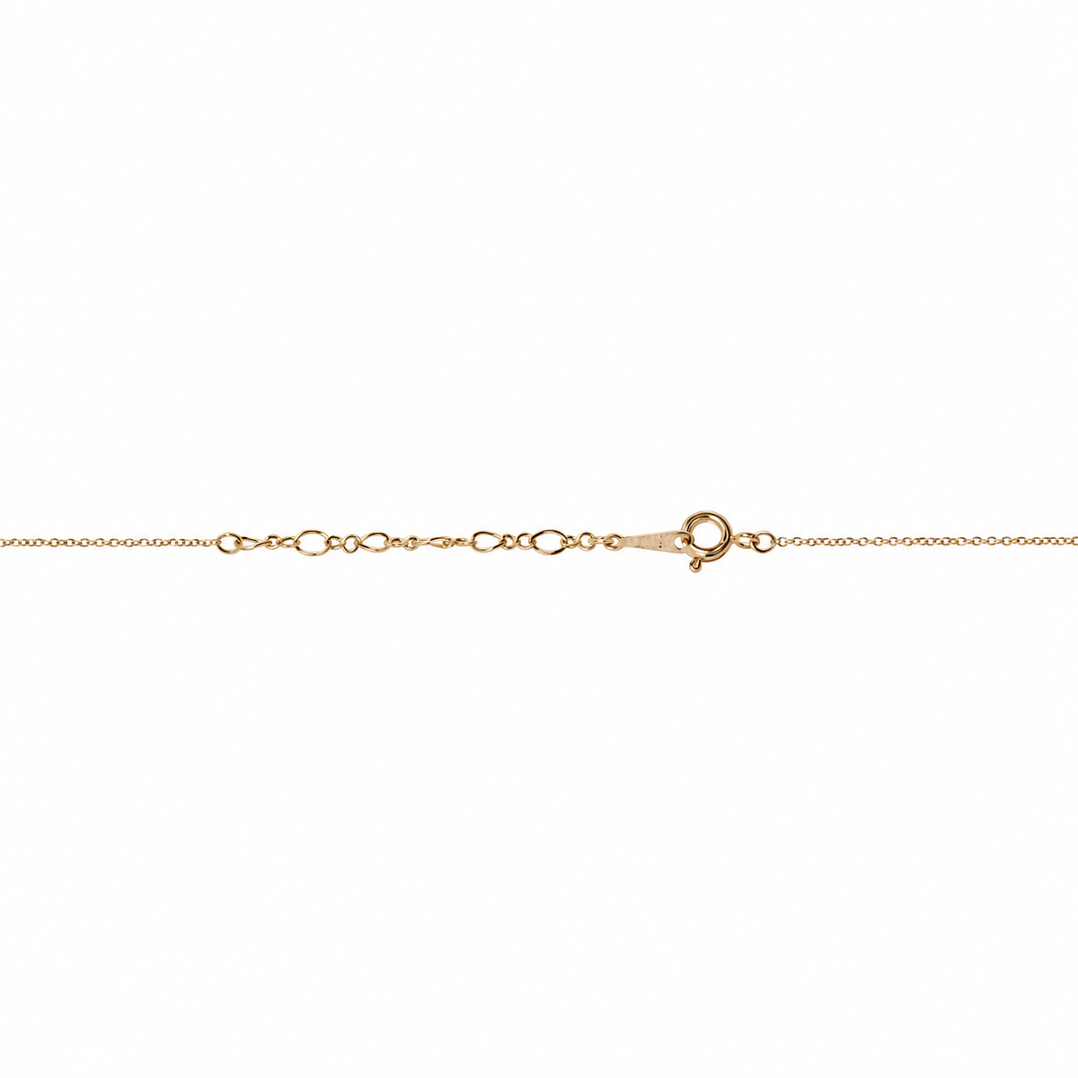Close-up of Roma necklace's gold spring-ring clasp, extension links and fine chain on a white background.