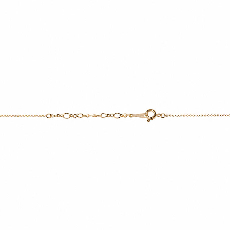 Close-up of Roma necklace's gold spring-ring clasp, extension links and fine chain on a white background.