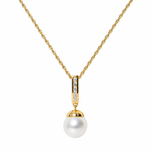 Roma gold necklace with a cubic zirconia bar and white faux pearl drop on a fine twisted chain, photographed against a white background.