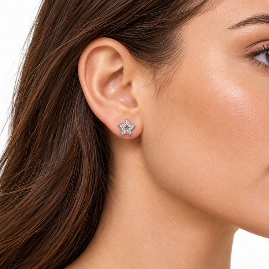Model wearing Stella silver pave star stud earrings