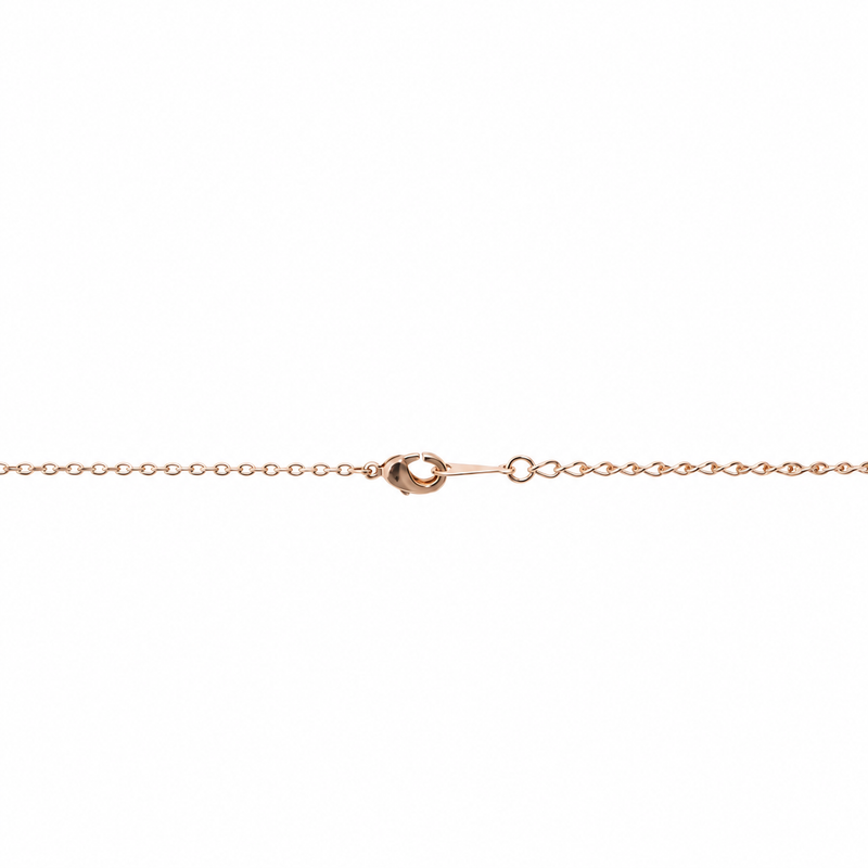 Sui necklace's pale rose gold clasp and fine oval-link chain against a white background.