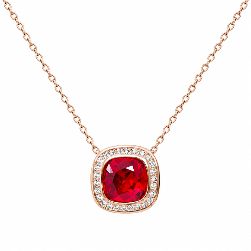 Sui rose gold necklace with a red cushion-shaped centre stone and clear cubic zirconia halo on a white background.