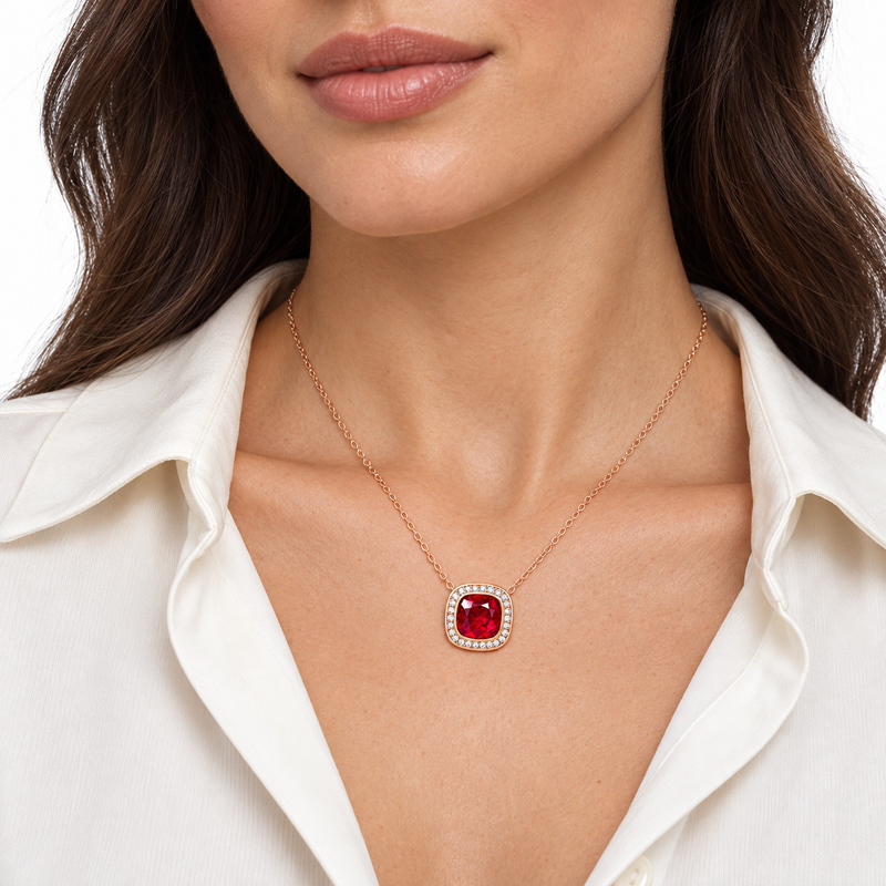 Model wearing the Sui rose gold necklace with a red cushion stone and clear halo, styled with a white shirt against a white background.