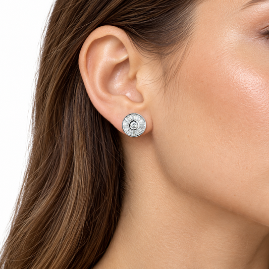 Model wearing Vana silver baguette stud earrings