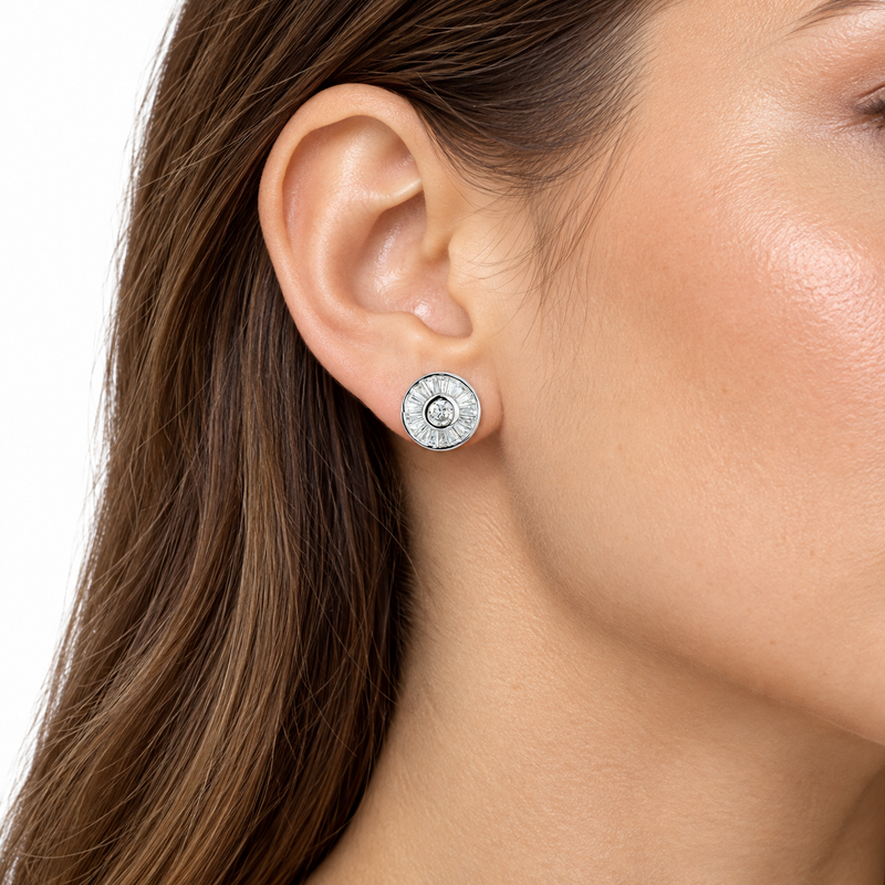 Model wearing Vana silver baguette stud earrings