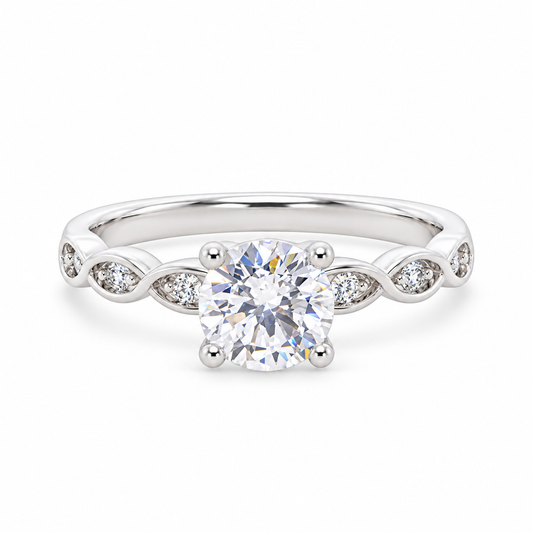Verity sterling silver solitaire ring with entwined stone set shoulders, front view
