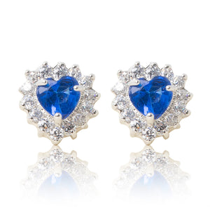 A beautiful tribute to the heart. Delicate rhodium plated studs with clear cubic zirconia stones framing a subtle blue heart stone at the centre. For pierced ears.