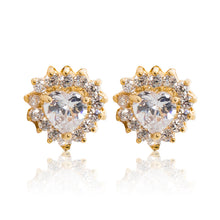 Load image into Gallery viewer, A beautiful tribute to the heart. Delicate 18ct yellow gold plated studs with clear cubic zirconia stones framing a subtle clear heart at the centre. 
