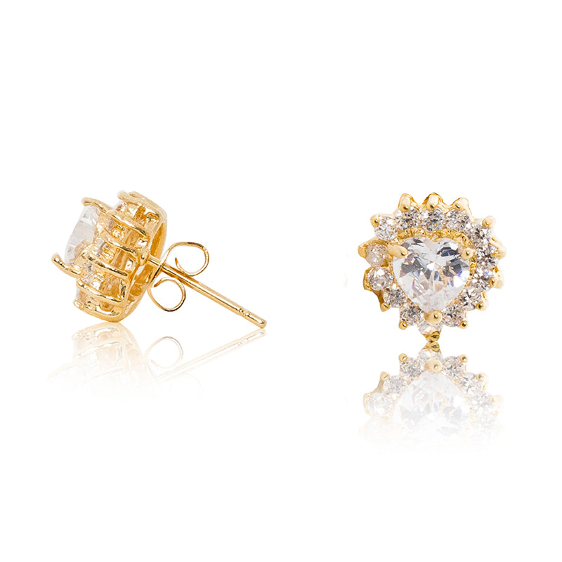 A beautiful tribute to the heart. Delicate 18ct yellow gold plated studs with clear cubic zirconia stones framing a subtle heart at the centre. Side view (butterfly and pole closure))