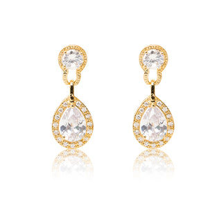 Dazzling 18ct yellow gold plated earrings with centre stones of clear cubic zirconia framed by clear cubic zirconia stones. Front view