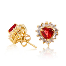 Load image into Gallery viewer, A beautiful tribute to the heart. Delicate 18ct yellow gold plated studs with cubic zirconia stones framing a subtle red heart at the centre. Side view (Butterfly and pole closure)
