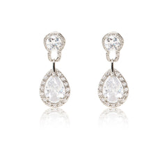 Load image into Gallery viewer, Dazzling rhodium plated earrings with centre stones of clear cubic zirconia framed by clear cubic zirconia stones.
