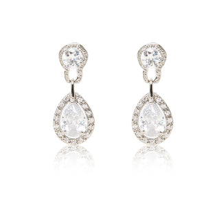 Dazzling rhodium plated earrings with centre stones of clear cubic zirconia framed by clear cubic zirconia stones.