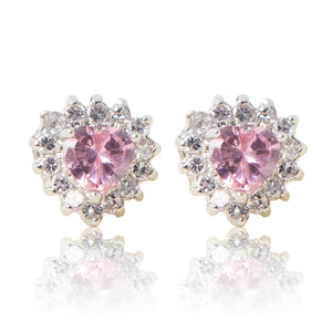 A beautiful tribute to the heart. Delicate rhodium plated studs with cubic zirconia stones framing a subtle pink heart stone at the centre. For pierced ears.