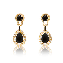 Load image into Gallery viewer, Dazzling 18ct yellow gold plated earrings with centre stones of black cubic zirconia framed by clear cubic zirconia stones.
