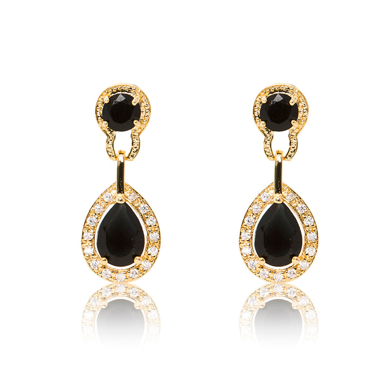 Dazzling 18ct yellow gold plated earrings with centre stones of black cubic zirconia framed by clear cubic zirconia stones.