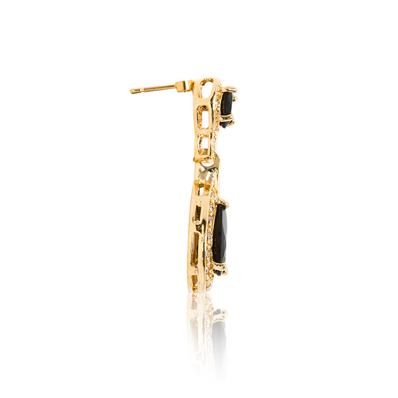 Dazzling 18ct yellow gold plated earrings with centre stones of black cubic zirconia framed by clear cubic zirconia stones. Side view (Butterfly and pole closure)
