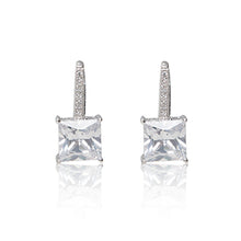 Load image into Gallery viewer, Platinum finished princess cut cubic zirconia line drop hook earrings. For pierced ears.
