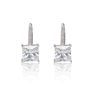 Platinum finished princess cut cubic zirconia line drop hook earrings. For pierced ears.