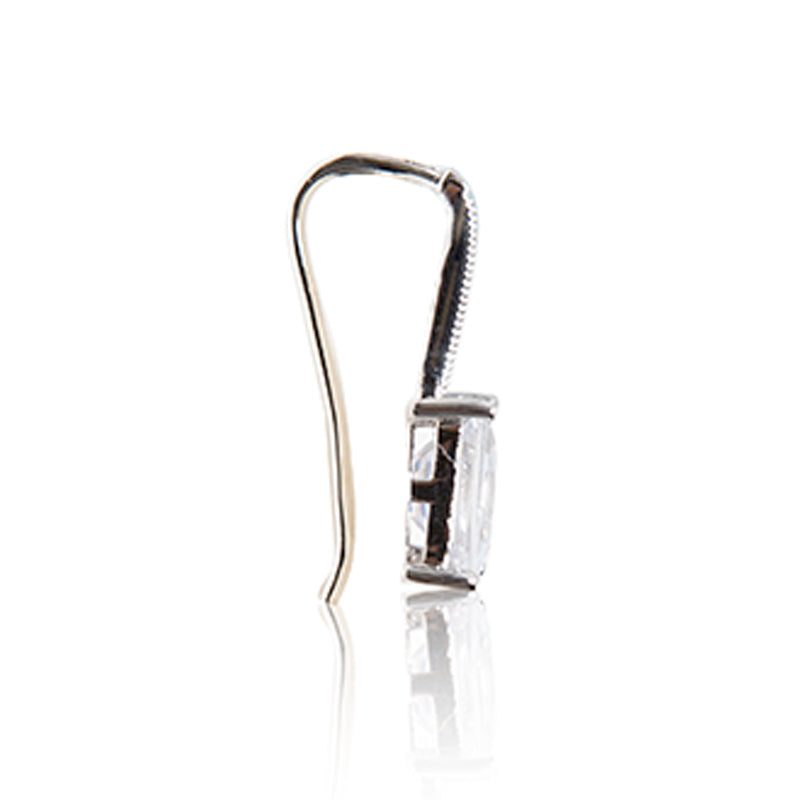 Platinum finished princess cut cubic zirconia line drop hook earrings. For pierced ears. side view hook