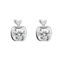 Load image into Gallery viewer, Platinum finished apple stud earrings with a round brilliant cubic zirconia centre. For pierced ears.
