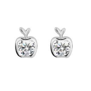 Platinum finished apple stud earrings with a round brilliant cubic zirconia centre. For pierced ears.