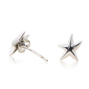 Platinum finished starfish stud earrings. For pierced ears. side view (butterfly and pole fastening)