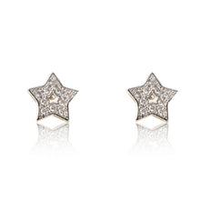 Load image into Gallery viewer, A pair of rhodium plated celestial star stud earrings set with cubic zirconia and a star centre cut out. For pierced ears.
