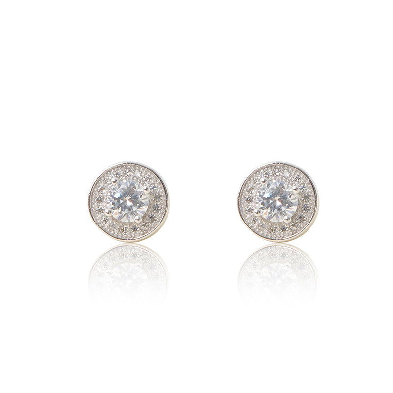 A pair of round brilliant cut centre, pavé set halo in 925 sterling silver stud earrings. For pierced ears. Side view (Butterfly and pole closure)