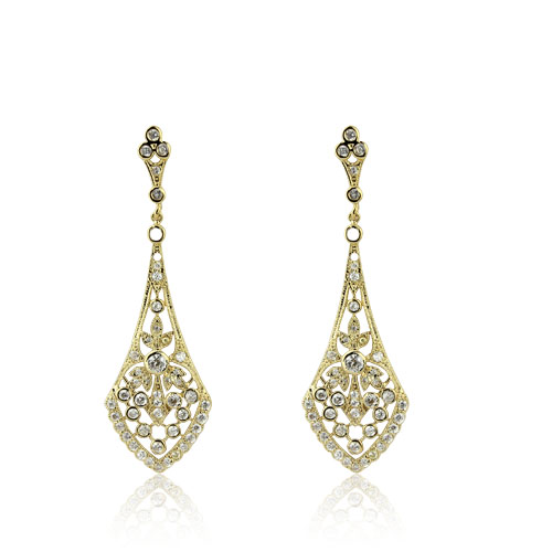 18ct gold plated filigree drop evening earrings with round brilliant cubic zirconia stones