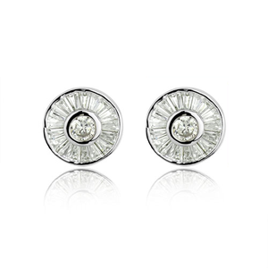 Rhodium plated round baguette cut halo with a brilliant cut cubic zirconia centre stud earrings.