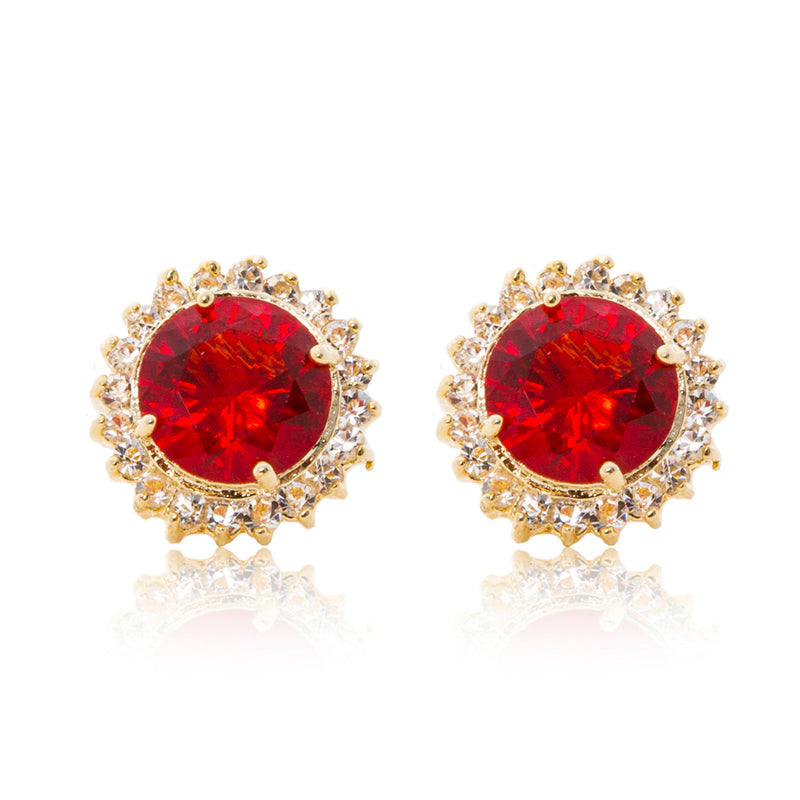 Delicate 18ct yellow gold plated plated studs with a red centre surrounded by a halo of cubic zirconia stones. For pierced ears.