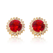 Load image into Gallery viewer, Delicate 18ct yellow gold plated plated studs with a red centre surrounded by a halo of cubic zirconia stones. For pierced ears.
